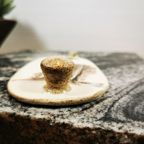 Vintage Irregular Oval Art Pottery Wall Hook with Trees and Birds in Flight - Picture 4 of 13